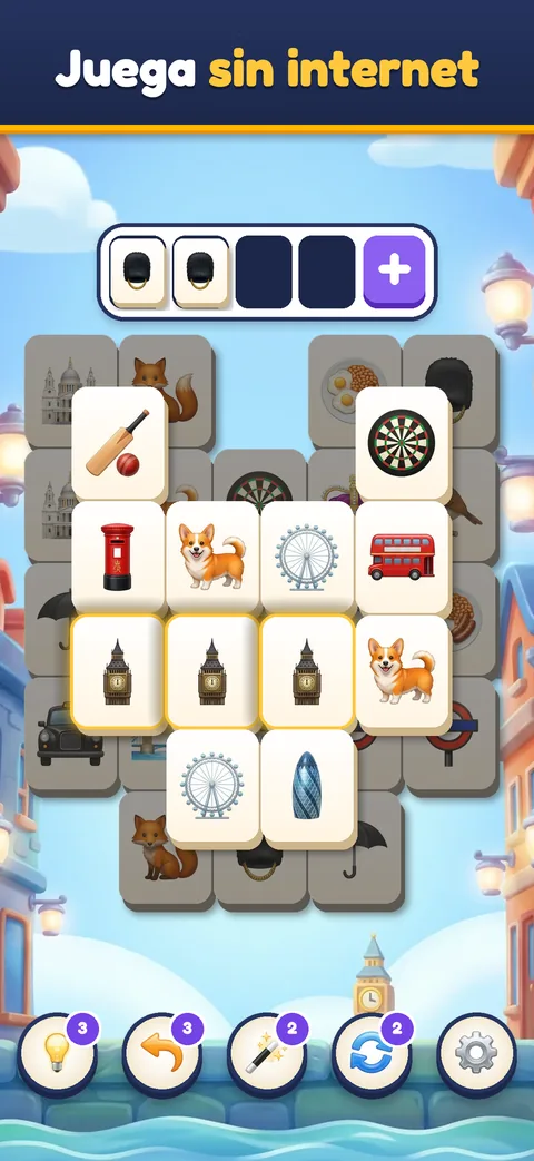 Offline puzzle game board in London with Big Ben and double-decker bus tiles