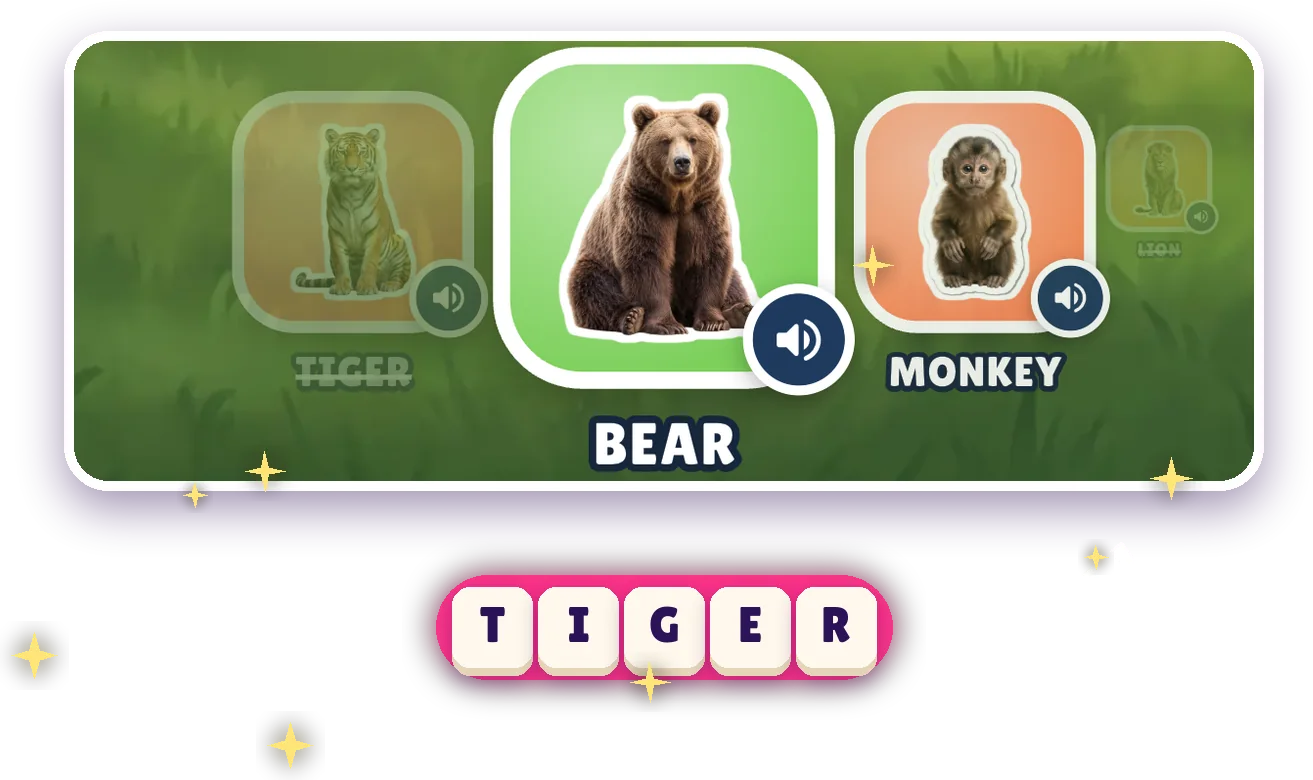 The sticker tray of a level with sound buttons, and the word TIGER spelled in tiles with sound waves