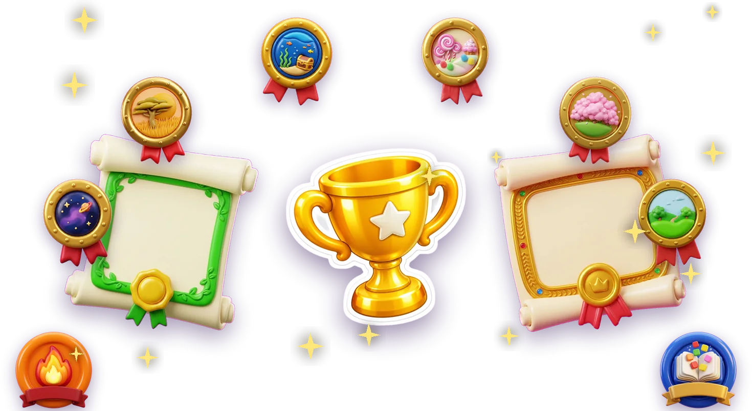 A golden trophy with medals, two diplomas and badges around it