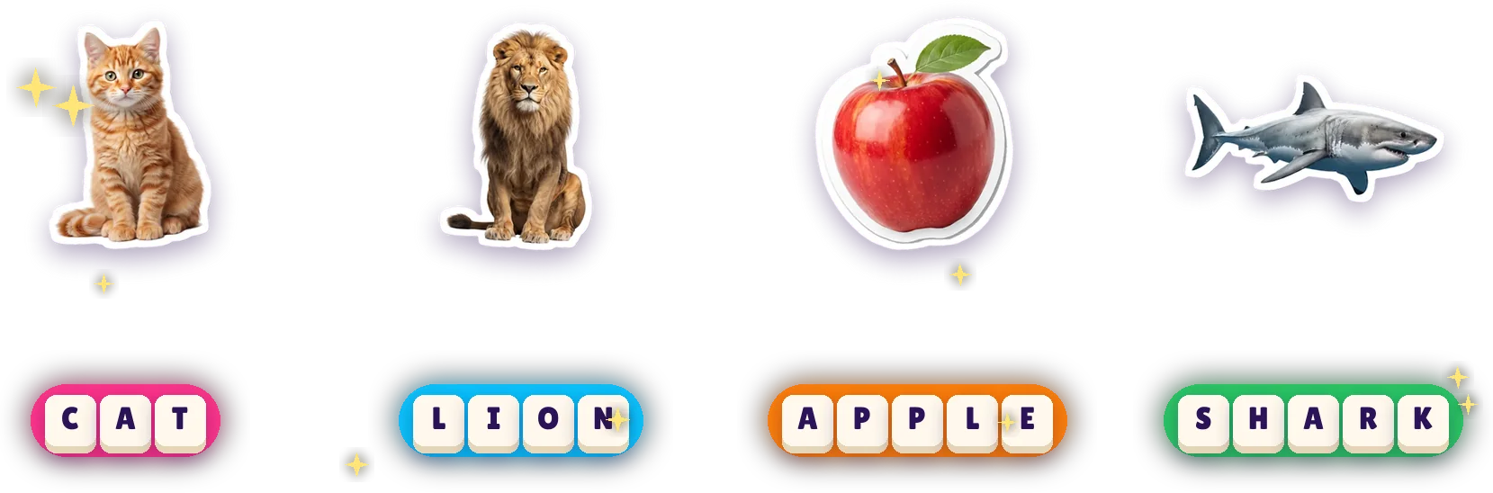 Sticker pictures of a cat, a lion, an apple and a shark, each with its English word spelled in letter tiles over a highlighter stroke
