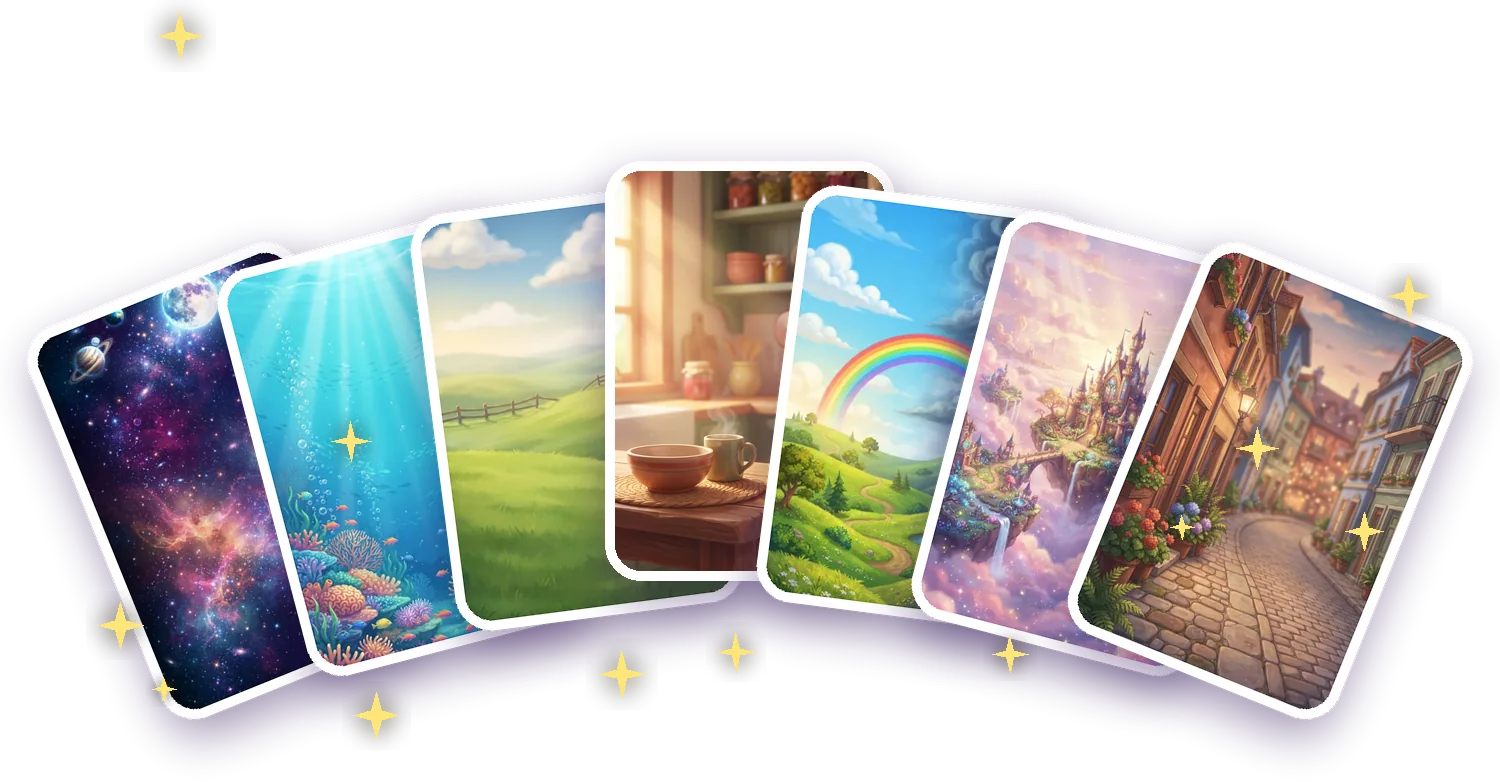 Seven level scenes fanned out like postcards: space, the sea, the farm, a kitchen, a rainbow meadow, a castle and a city street